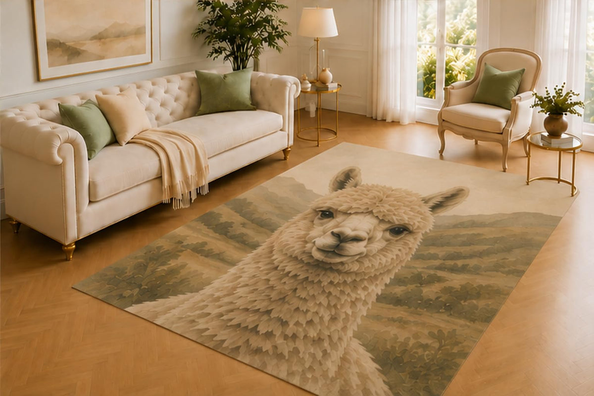 ICE ARMOR 5' x 7' Alpaca Rug, Gentle Andean Animal with Rolling Hill Scenery, Smooth Printed Floor Cover for Living Room, Bedroom, Nursery and Farmhouse Decor