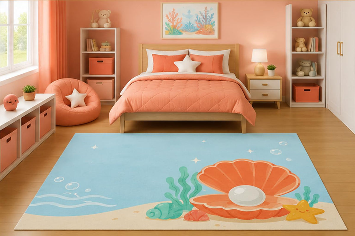 ICE ARMOR 5' x 7' Beach Pearl Seashell Area Rug for Kids Bedroom Nursery Playroom Scandinavian Minimalist Coastal Ocean Decor Non-Slip Silicone Backing Low Pile