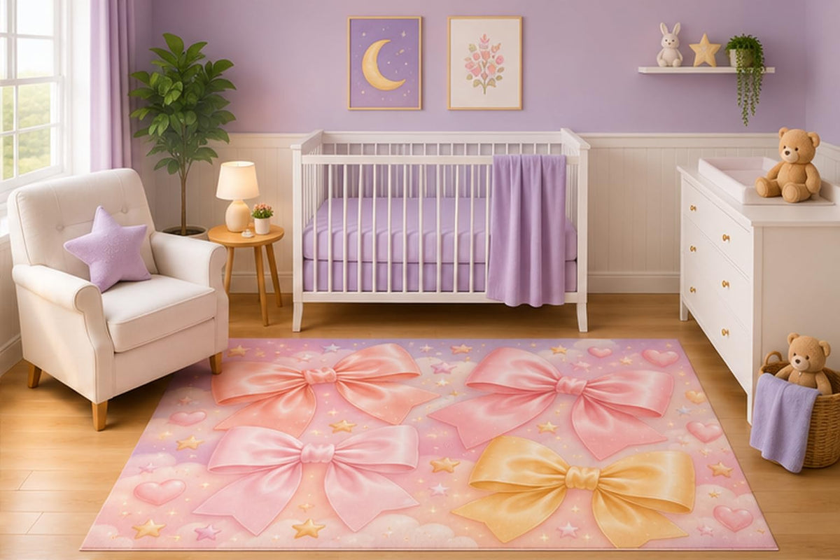 ICE ARMOR 5' x 7' Pastel Ribbon Bow Area Rug for Nursery Room, Cute Pink and Gold Bows with Hearts and Stars Design for Baby Girl Bedroom Decor, Non-Slip Silicone Backing Low Pile