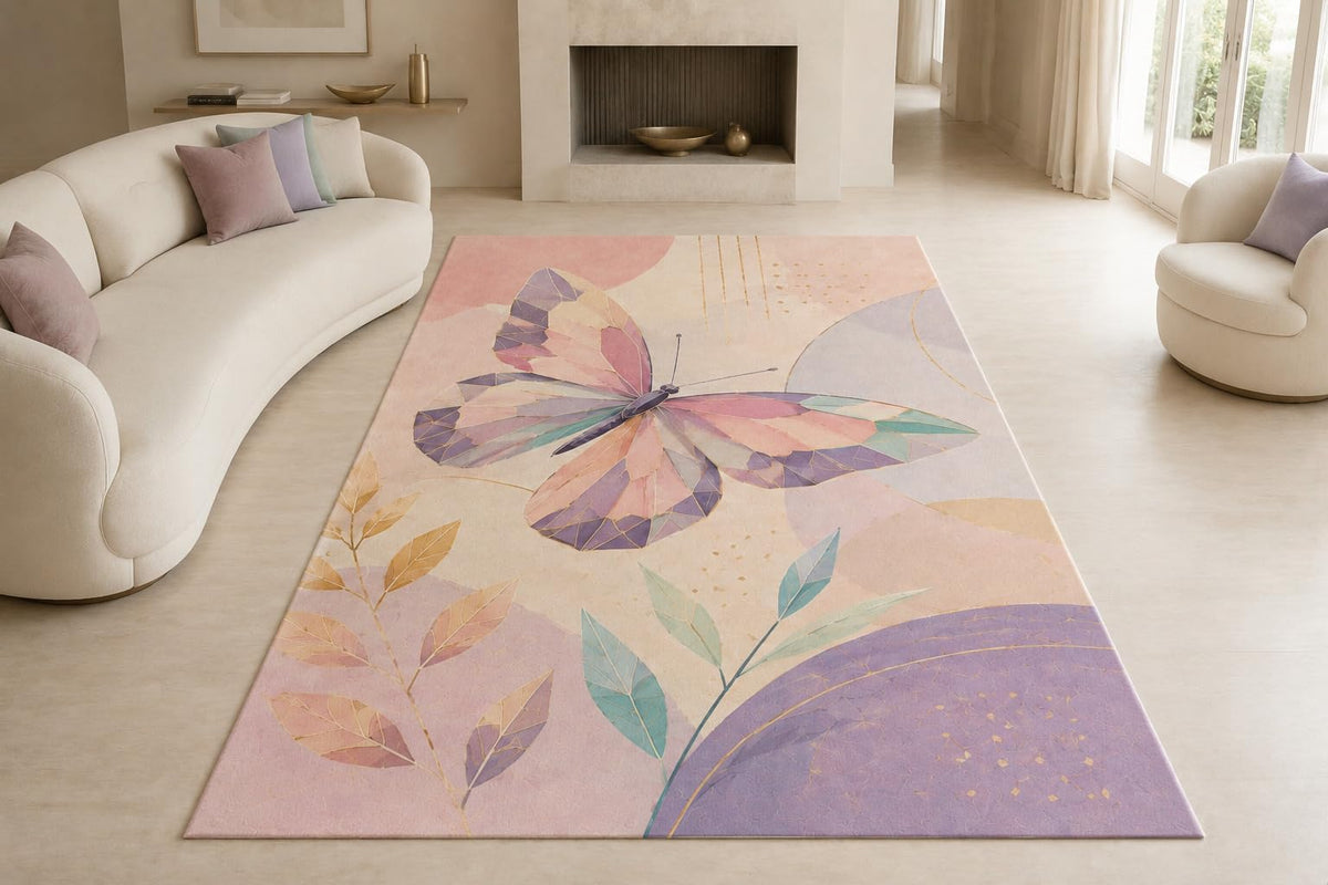 ICE ARMOR "Ultra Lightweight Large 6'7" x 9'10" Butterfly Leaf Shapes Area Rug for Living Room, Bedroom and Home Office, Soft Low Pile Carpet with Non-Slip Silicone Backing, Pink and Purple