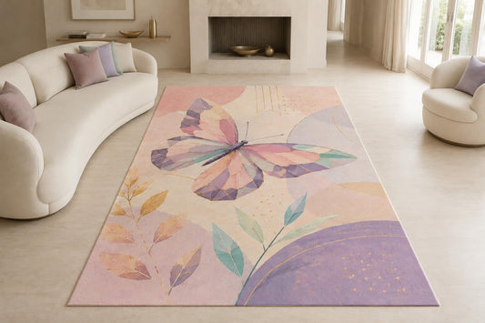 ICE ARMOR "Ultra Lightweight Large 6'7" x 9'10" Butterfly Leaf Shapes Area Rug for Living Room, Bedroom and Home Office, Soft Low Pile Carpet with Non-Slip Silicone Backing, Pink and Purple