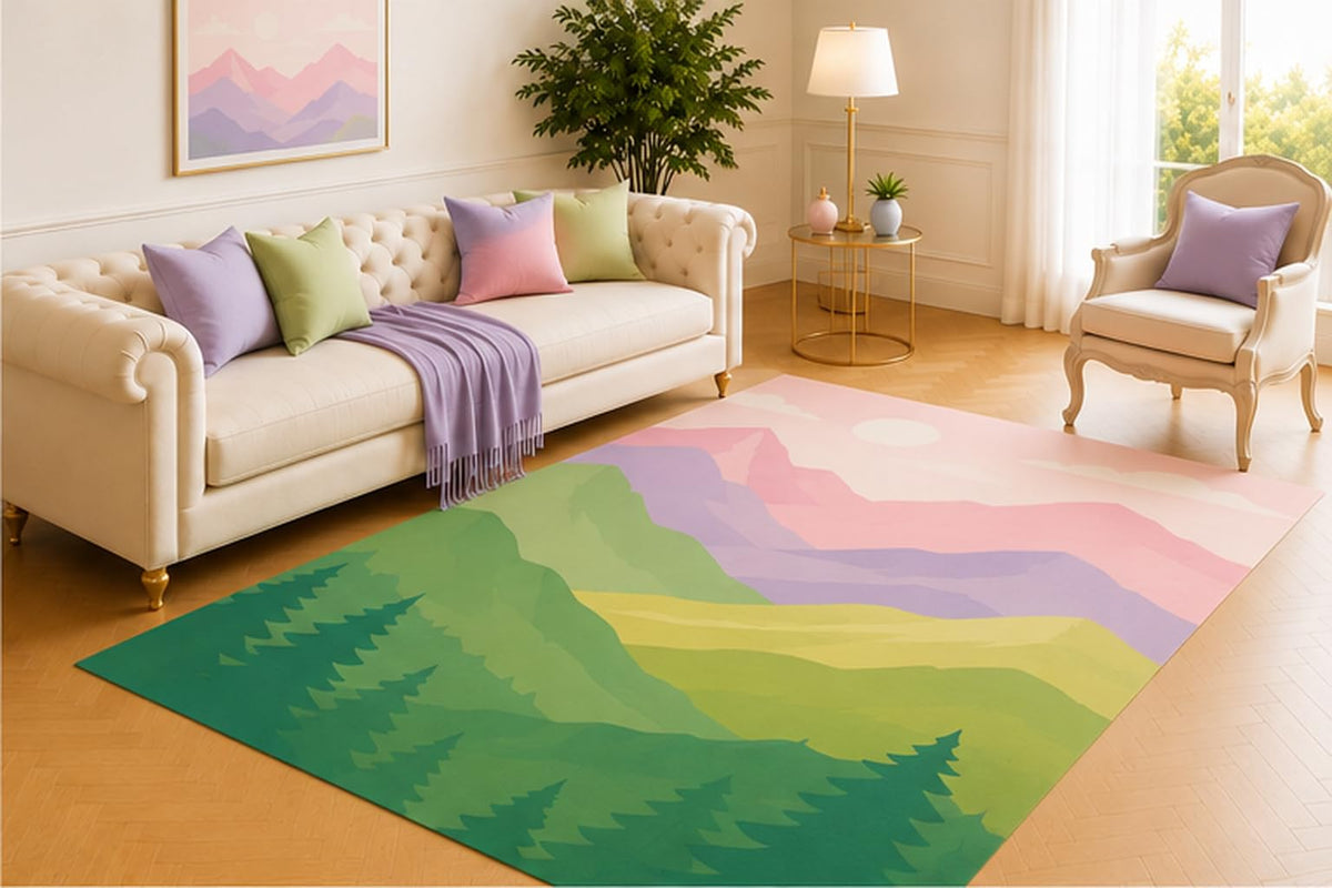 ICE ARMOR 5' x 7' Mountain Vista Area Rug, Modern Nature Scenic Design with Pink Lavender Sage Green Hills and Pine Trees, Soft Low Pile Carpet for Living Room Bedroom Nursery Kids Room