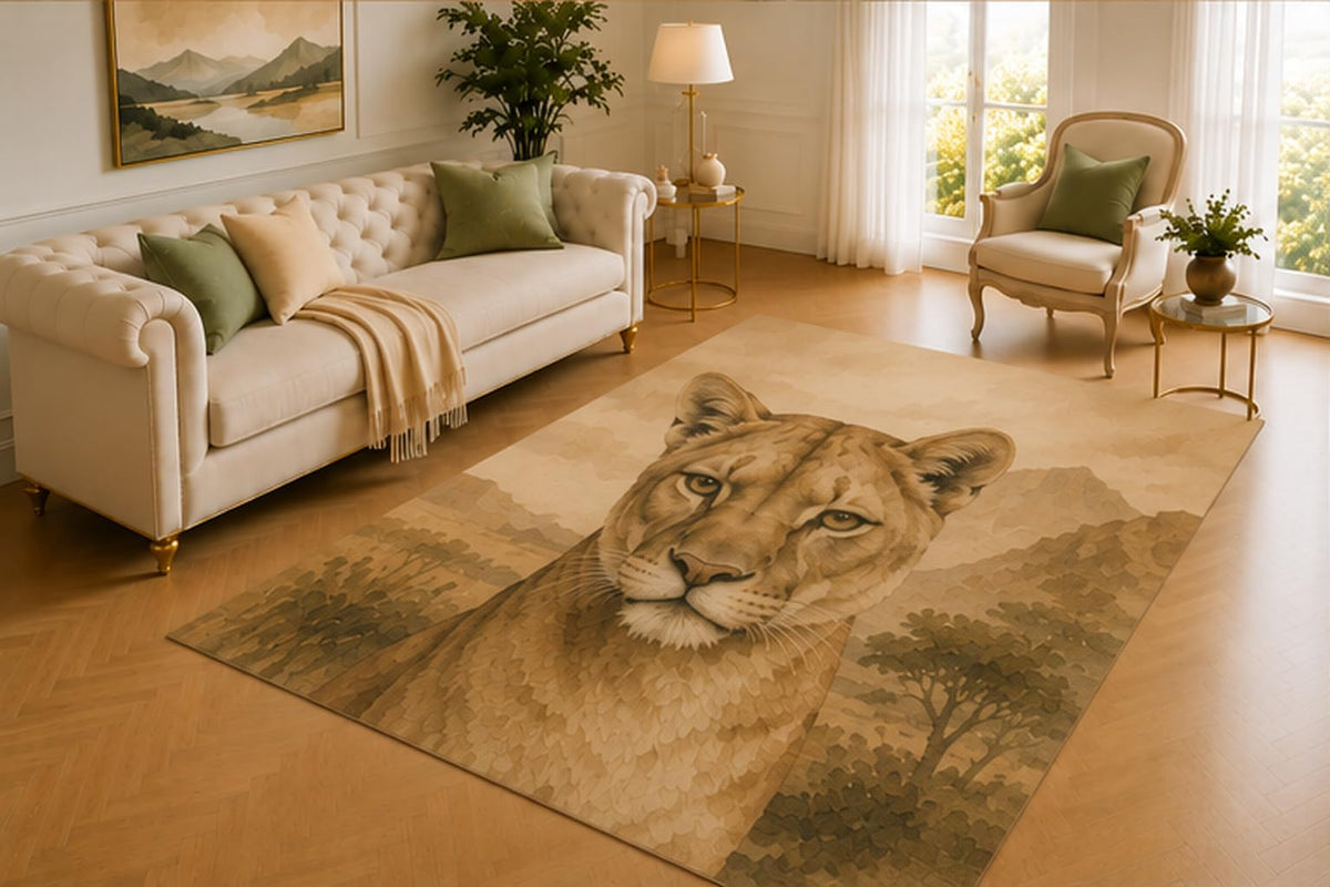 ICE ARMOR 5' x 7' Lioness Rug, African Big Cat Artwork with Mountains and Open Plains, Smooth Printed Floor Cover for Bedroom, Nursery, Playroom and Safari Decor
