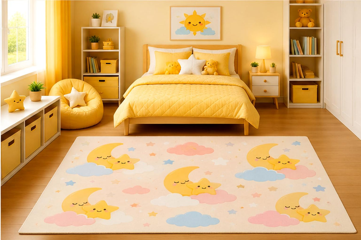ICE ARMOR 5' x 7' Sleeping Moon and Stars Pattern Area Rug for Kids Bedroom Nursery Playroom Scandinavian Minimalist Celestial Kawaii Decor Non-Slip Silicone Backing Low Pile