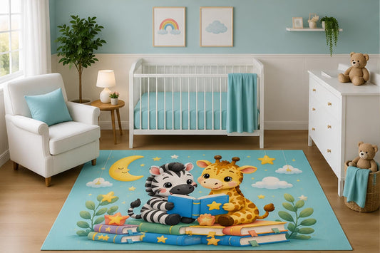 ICE ARMOR 5' x 7' Watercolor Zebra and Giraffe Reading Books Nursery Area Rug, Cute Safari Animal Kids Bedroom Playroom Decor Carpet, Non-Slip Silicone Backing Low Pile