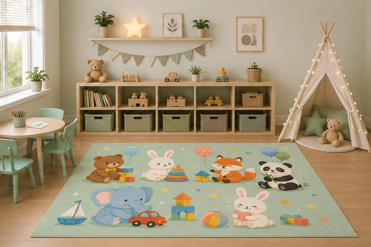 ICE ARMOR 5' x 7' Woodland Animal Playtime Area Rug for Kids Playroom Nursery Bedroom, Bear Bunny Fox Panda Elephant Cartoon Decorative Carpet, Non-Slip Silicone Backing Low Pile
