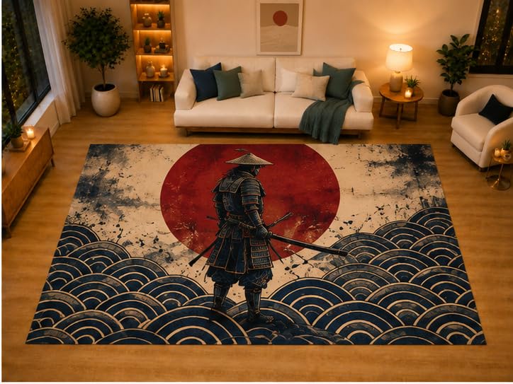 ICE ARMOR "Ultra Light Weight Large 6'7" x 9'10" Red Sun Ocean Waves Area Rug for Living Room Bedroom Dining Area, Soft Low Pile Non-Slip Backing, Beige Blue Red Japanese Inspired Decor