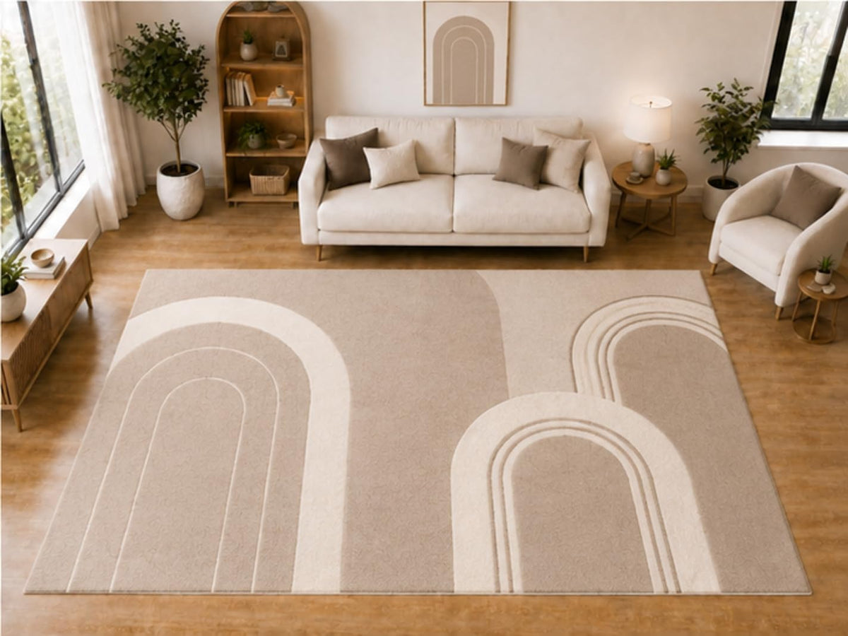 ICE ARMOR "Ultra Light Weight Large 6'7 x 9'10 Beige Layered Arch Pattern Area Rug for Living Room Bedroom Dining Room Soft Low Pile Indoor Carpet Modern Neutral Floor Decor
