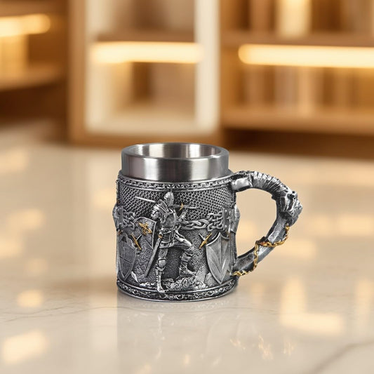ICE ARMOR 6.5"W Medieval Knight Stainless Steel/Resin Beer Mug Tankard – Vintage Drinkware Cup for Beer, Coffee, Juice, Ale & Beverages, Rustic Barware (Wash by hand only)