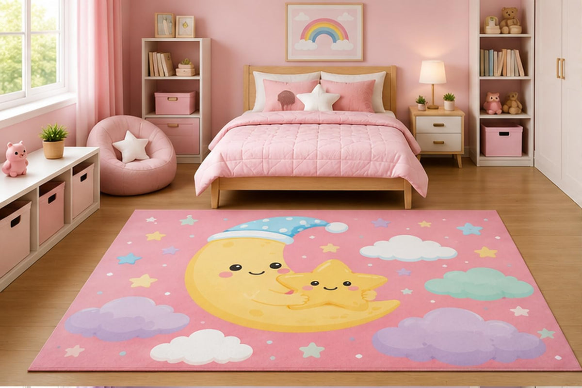 ICE ARMOR 5' x 7' Sleeping Moon and Star Area Rug for Girls Bedroom Nursery Playroom Scandinavian Minimalist Celestial Cloud Decor Non-Slip Silicone Backing Low Pile