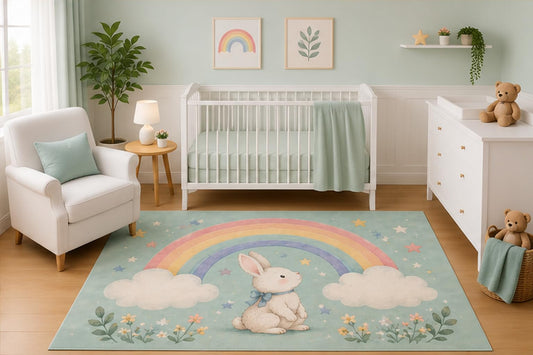 ICE ARMOR 5' x 7' Rainbow Bunny Area Rug for Nursery Room, Watercolor Rabbit Rainbow Clouds Wildflowers Pastel Garden Design for Baby Girl Bedroom, Non-Slip Silicone Backing Low Pile