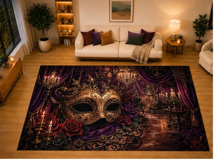 ICE ARMOR "Ultra Light Weight Large 6'7" x 9'10" Venetian Masquerade Mask Gothic Area Rug for Living Room Bedroom Dining Area, Soft Low Pile Non-Slip Backing, Purple Red Victorian Rose Decor