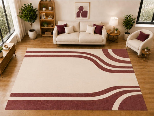 ICE ARMOR "Ultra Light Weight Large 6'7 x 9'10 Burgundy Curved Stripe Pattern Area Rug for Living Room Bedroom Dining Room Soft Low Pile Indoor Carpet Modern Geometric Floor Decor