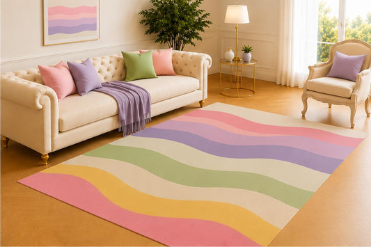 ICE ARMOR 5' x 7' Soft Wave Stripe Area Rug, Modern Curved Line Design in Pink Lavender Sage Green Yellow and Cream, Minimalist Carpet for Living Room Bedroom Nursery
