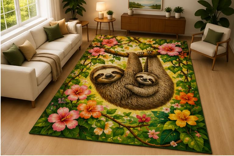 ICE ARMOR 5' x 7' Sloth Tropical Flower Area Rug Soft Low Pile Indoor Rug with Non Slip Silicone Backing Cute Animal Decor Carpet for Living Room Bedroom Nursery Kids Room Green