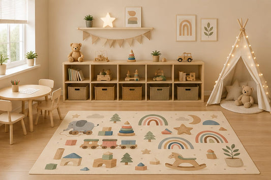ICE ARMOR 5' x 7' Neutral Woodland Toys Area Rug for Kids Playroom Nursery Bedroom, Montessori Rainbow Train Elephant Blocks Cartoon Carpet, Non-Slip Silicone Backing Low Pile