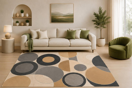 ICE ARMOR 5' x 7' Circle Geometric Area Rug, Neutral Gray Beige Abstract Modern Pattern for Living Room Bedroom Office, Non-Slip Silicone Backing, Low Pile Carpet