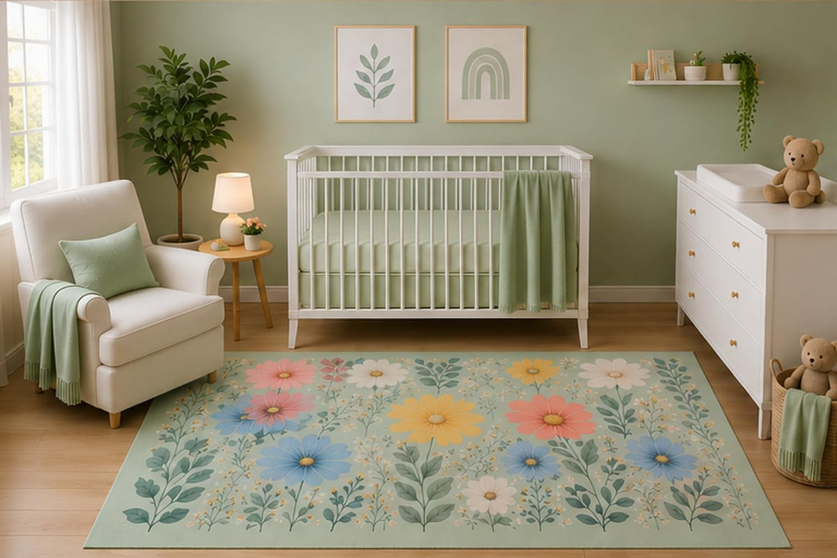 ICE ARMOR 5' x 7' Sage Green Wildflower Area Rug for Nursery Room, Minimalist Botanical Floral Garden Design, Pastel Kids Bedroom Decor, Non-Slip Silicone Backing Low Pile