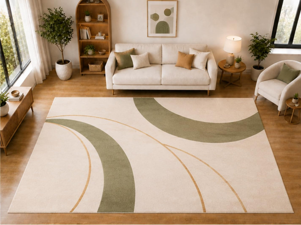 ICE ARMOR "Ultra Light Weight Large 6'7 x 9'10 Sage Sweeping Curve Pattern Area Rug for Living Room Bedroom Dining Room Soft Low Pile Indoor Carpet Modern Geometric Floor Decor