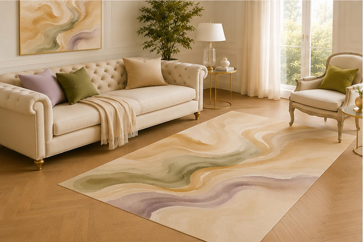 ICE ARMOR 5' x 7' Flowing Sage Watercolor Area Rug for Living Room, Soft Low Pile Accent Carpet with Non-Slip Silicone Backing for Bedroom, Dining Space, Office, Kids and Pets