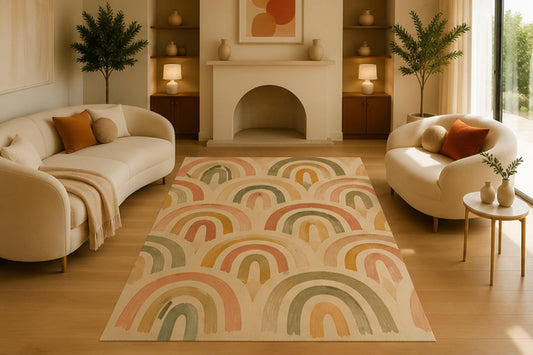 ICE ARMOR 5' x 7' Boho Pastel Rainbow Area Rug, Soft Low Pile Indoor Rug with Non-Slip Silicone Backing, Decorative Carpet for Nursery, Living Room, Multicolor