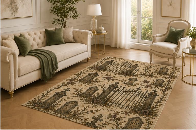 ICE ARMOR 5' x 7' Cemetery Gate Rug, Tombstone Cross and Autumn Vine Artwork, Smooth Printed Floor Cover for Entryway, Study, Bedroom and Victorian Decor