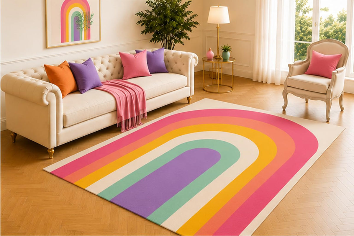 ICE ARMOR 5' x 7' Rainbow Arch Area Rug, Modern Boho Rainbow Design in Pink Peach Yellow Mint Purple and Cream, Soft Low Pile Carpet for Living Room Nursery Bedroom Playroom
