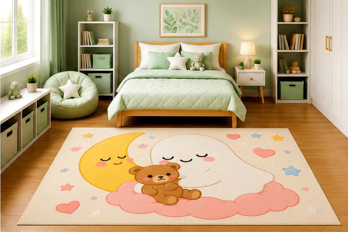 ICE ARMOR 5' x 7' Sleeping Ghost Hugging Teddy Bear Area Rug for Kids Bedroom Nursery Playroom Scandinavian Minimalist Kawaii Celestial Decor Non-Slip Silicone Backing Low Pile