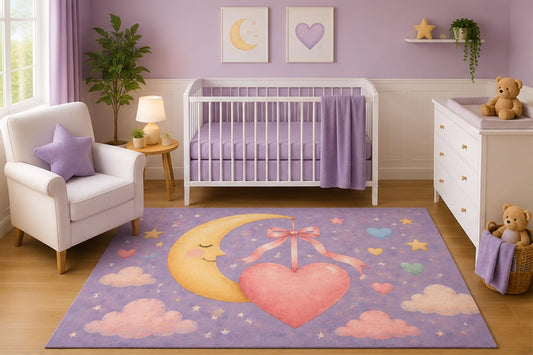 ICE ARMOR 5' x 7' Watercolor Moon with Ribbon Heart Nursery Area Rug, Pastel Celestial Stars Clouds Baby Girl Bedroom Decor Carpet, Non-Slip Silicone Backing Low Pile