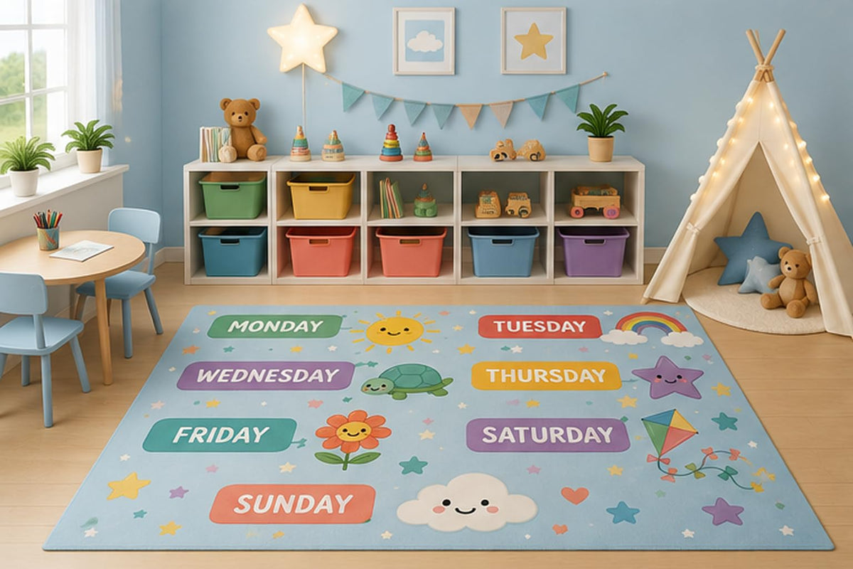 ICE ARMOR 5' x 7' Days of the Week Learning Area Rug for Kids Playroom Nursery Bedroom, Monday Sunday Educational Calendar Preschool Cartoon Decor, Non-Slip Silicone Backing Low Pile