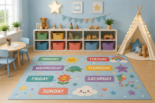 ICE ARMOR 5' x 7' Days of the Week Learning Area Rug for Kids Playroom Nursery Bedroom, Monday Sunday Educational Calendar Preschool Cartoon Decor, Non-Slip Silicone Backing Low Pile