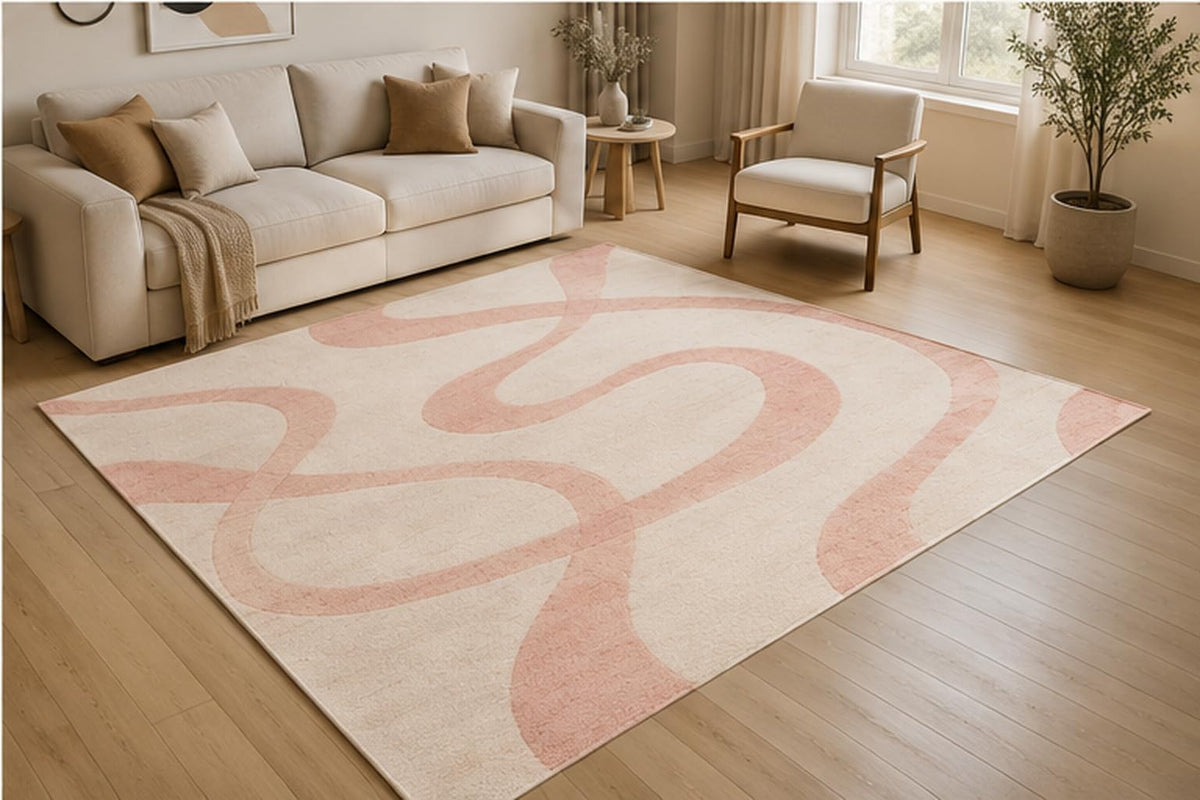 ICE ARMOR 5' x 7' Abstract Ribbon Wave Area Rug for Living Room, Soft Low Pile Indoor Rug with Non-Slip Silicone Backing, Modern Decorative Carpet for Bedroom, Office, Family Room, Blush Pink Ivory