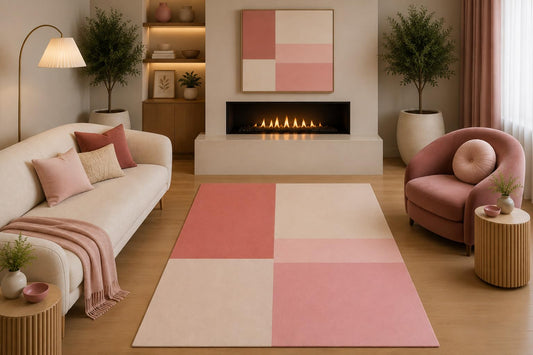 ICE ARMOR 5' x 7' Modern Minimalist Area Rug Blush Pink Cream Coral Geometric Color Block Design for Living Room Bedroom Nursery Office Non-Slip Silicone Backing Low Pile