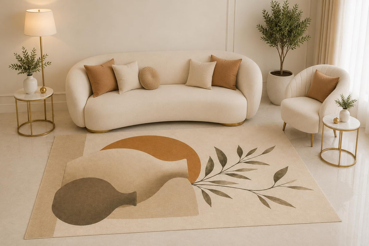 ICE ARMOR 5' x 7' Minimalist Vase Area Rug, Abstract Neutral Botanical Leaf Design for Living Room Bedroom Office Decor, Non-Slip Silicone Backing Low Pile