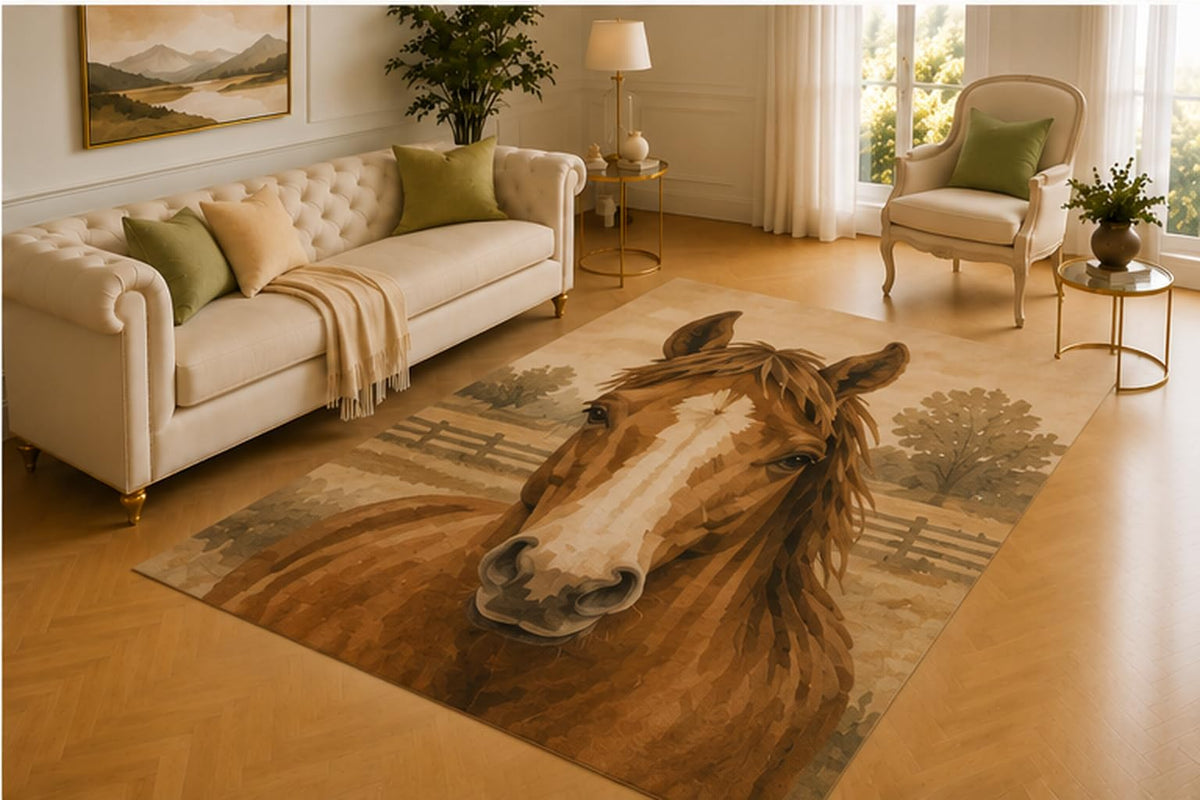 ICE ARMOR 5' x 7' Horse Rug, Country Meadow and Farm Fence Artwork, Smooth Printed Floor Cover for Living Room, Bedroom, Ranch and Farmhouse Home Decor