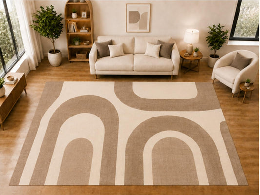 ICE ARMOR "Ultra Light Weight Large 6'7 x 9'10 Beige Layered Arch Pattern Area Rug for Living Room Bedroom Dining Room Soft Low Pile Indoor Carpet Modern Neutral Floor Decor