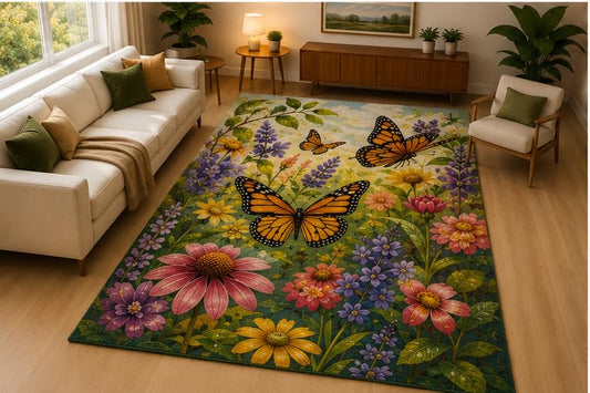 ICE ARMOR 5' x 7' Monarch Butterfly Floral Meadow Area Rug Soft Low Pile Indoor Rug with Non Slip Silicone Backing Garden Decor Carpet for Living Room Bedroom Nursery Kids Room Multicolor