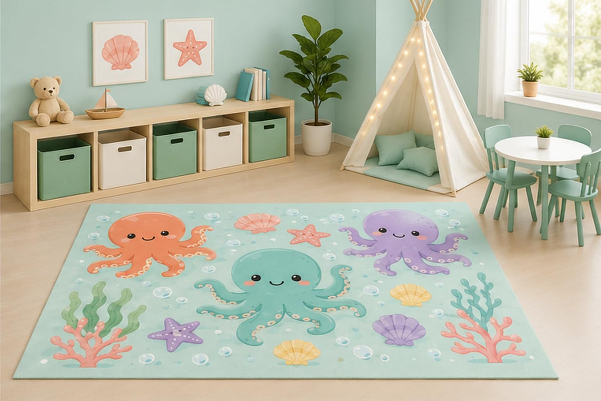 ICE ARMOR 5' x 7' Cute Octopus Ocean Area Rug for Kids Playroom Nursery Bedroom, Kawaii Octopus Coral Seashell Underwater Sea Life Cartoon Decor, Non-Slip Silicone Backing Low Pile