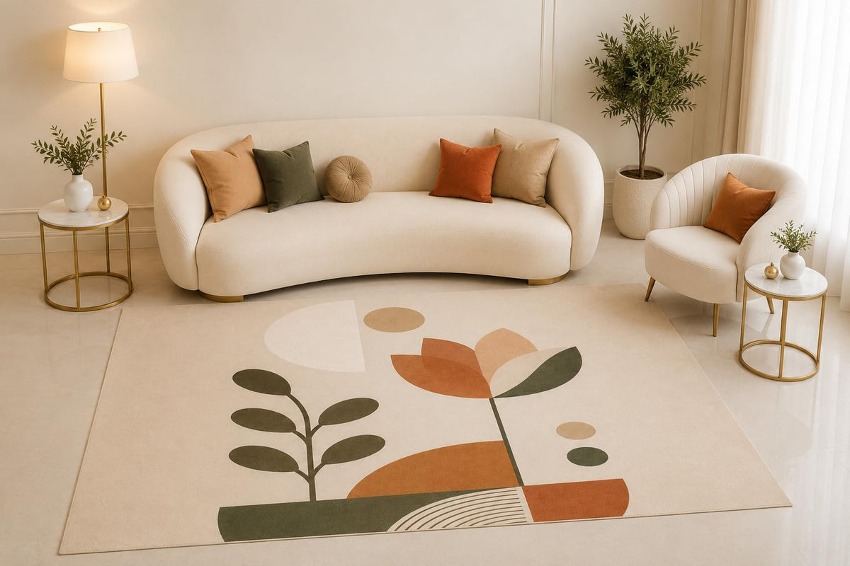 ICE ARMOR 5' x 7' Scandinavian Floral Area Rug, Modern Geometric Flower Abstract Beige Design for Living Room Bedroom Office Decor, Non-Slip Silicone Backing Low Pile