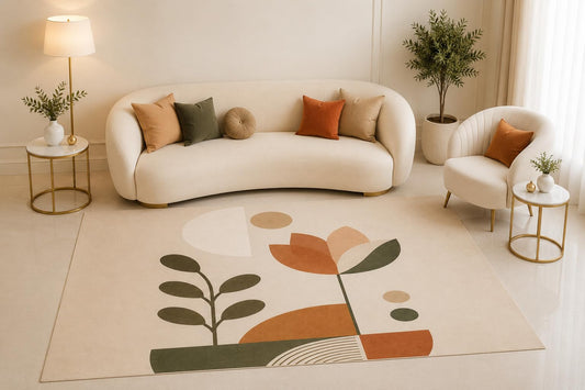 ICE ARMOR 5' x 7' Scandinavian Floral Area Rug, Modern Geometric Flower Abstract Beige Design for Living Room Bedroom Office Decor, Non-Slip Silicone Backing Low Pile