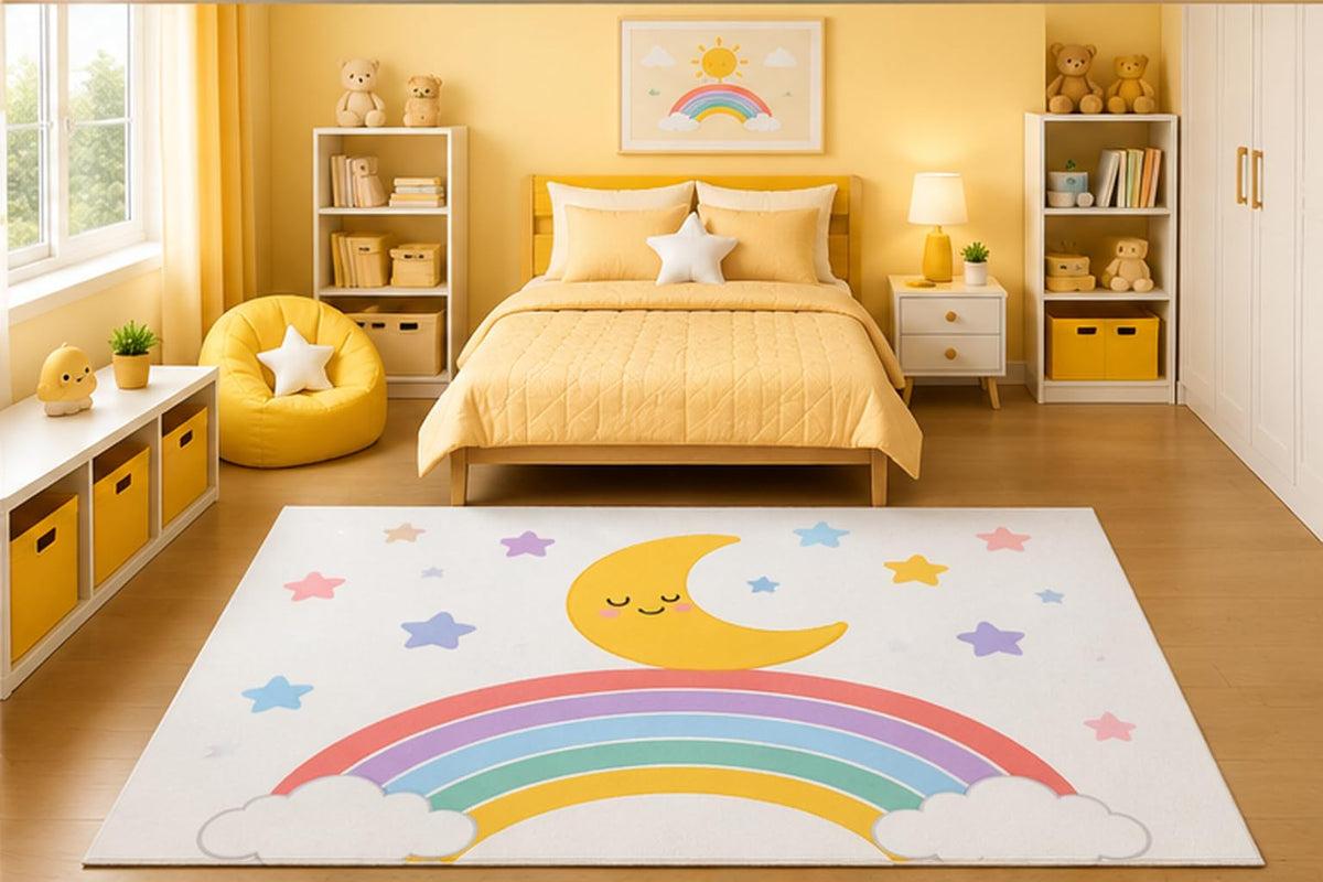 ICE ARMOR 5' x 7' Sleeping Moon Over Rainbow Area Rug for Kids Bedroom Nursery Playroom Scandinavian Minimalist Pastel Celestial Decor Non-Slip Silicone Backing Low Pile