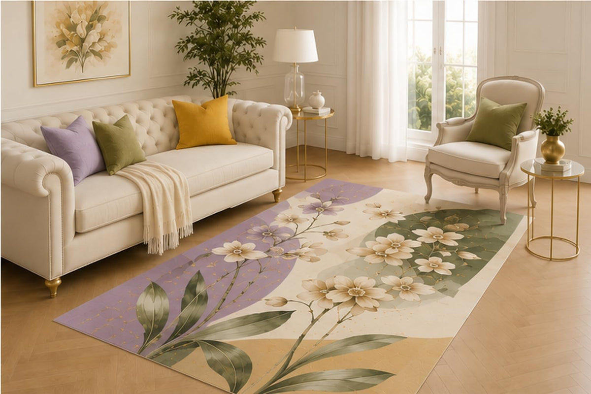 ICE ARMOR 5' x 7' Lavender Blossom Botanical Rug, Soft Printed Floor Carpet with Secure Silicone Grip for Bedroom, Nursery, Reading Nook, Lounge, Children and Animals