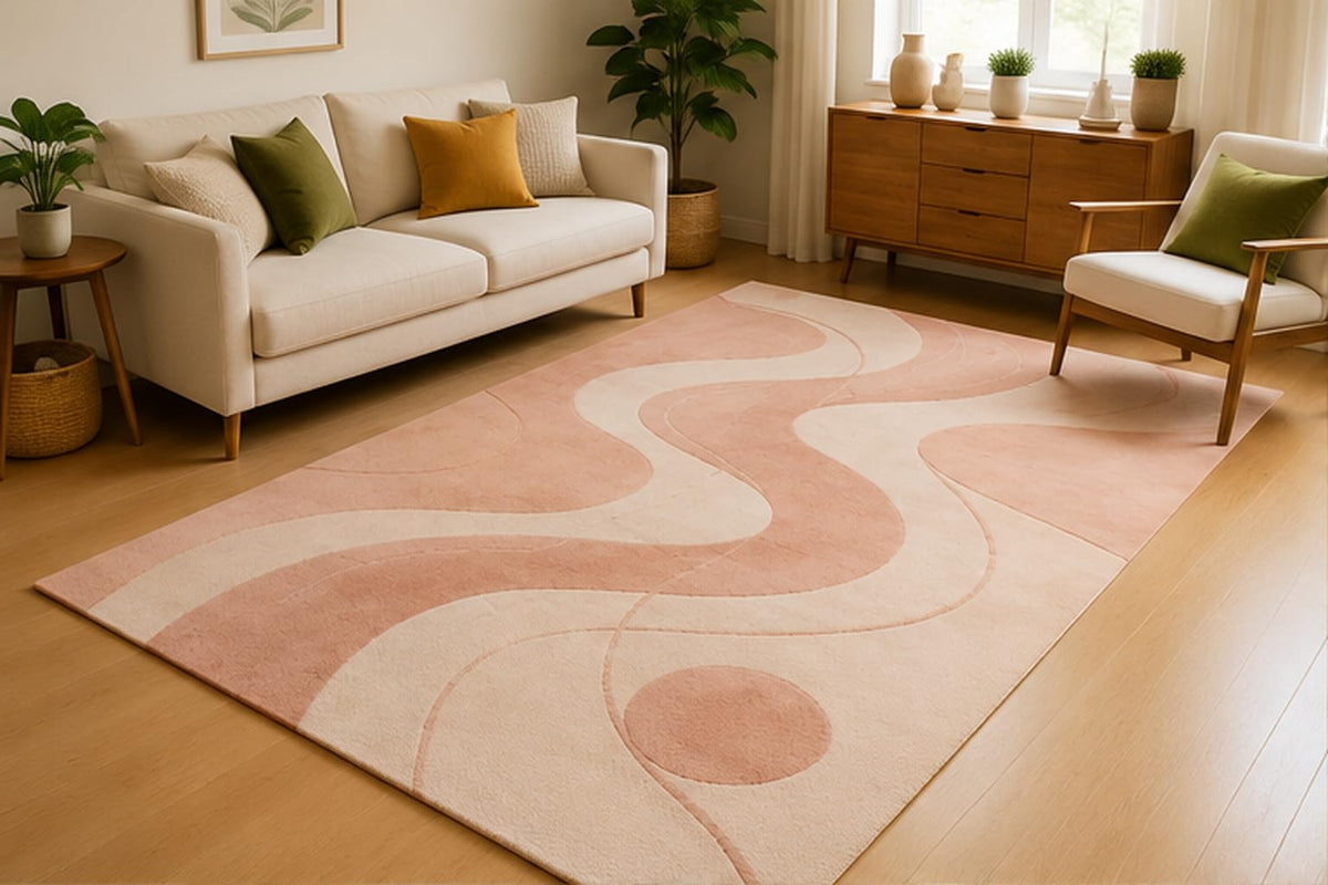 ICE ARMOR 5' x 7' Retro Wave Abstract Area Rug for Living Room, Soft Low Pile Indoor Rug with Non-Slip Silicone Backing, Contemporary Carpet for Bedroom, Dining Room, Office, Blush Peach Ivory