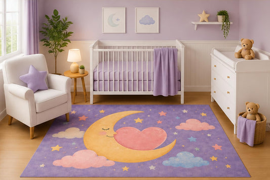 ICE ARMOR 5' x 7' Watercolor Moon and Heart Nursery Area Rug, Pastel Celestial Stars Clouds Kids Bedroom Playroom Decor Carpet, Non-Slip Silicone Backing Low Pile