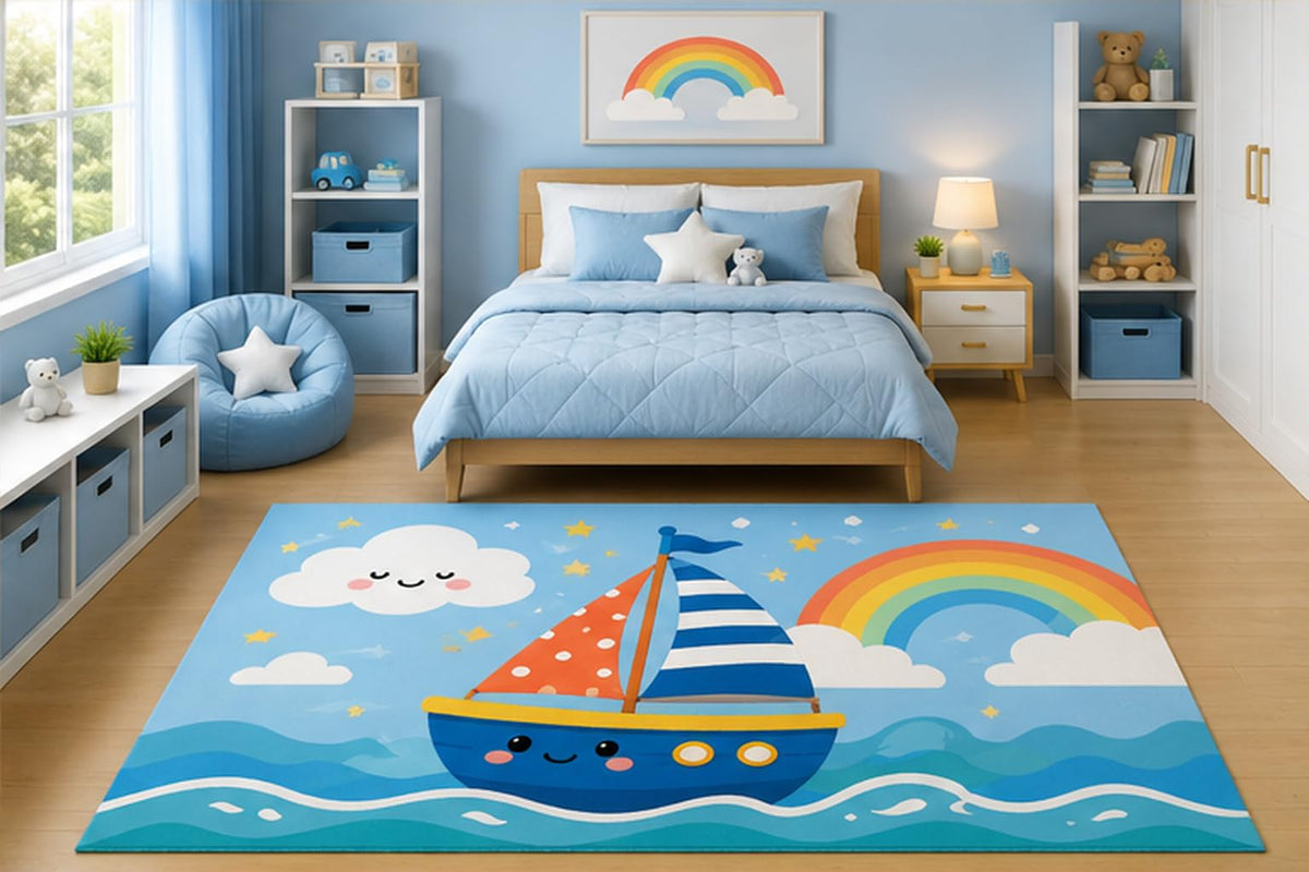 ICE ARMOR 5' x 7' Cute Smiling Sailboat with Rainbow Area Rug for Kids Bedroom Nursery Playroom Scandinavian Minimalist Nautical Ocean Decor Non-Slip Silicone Backing Low Pile