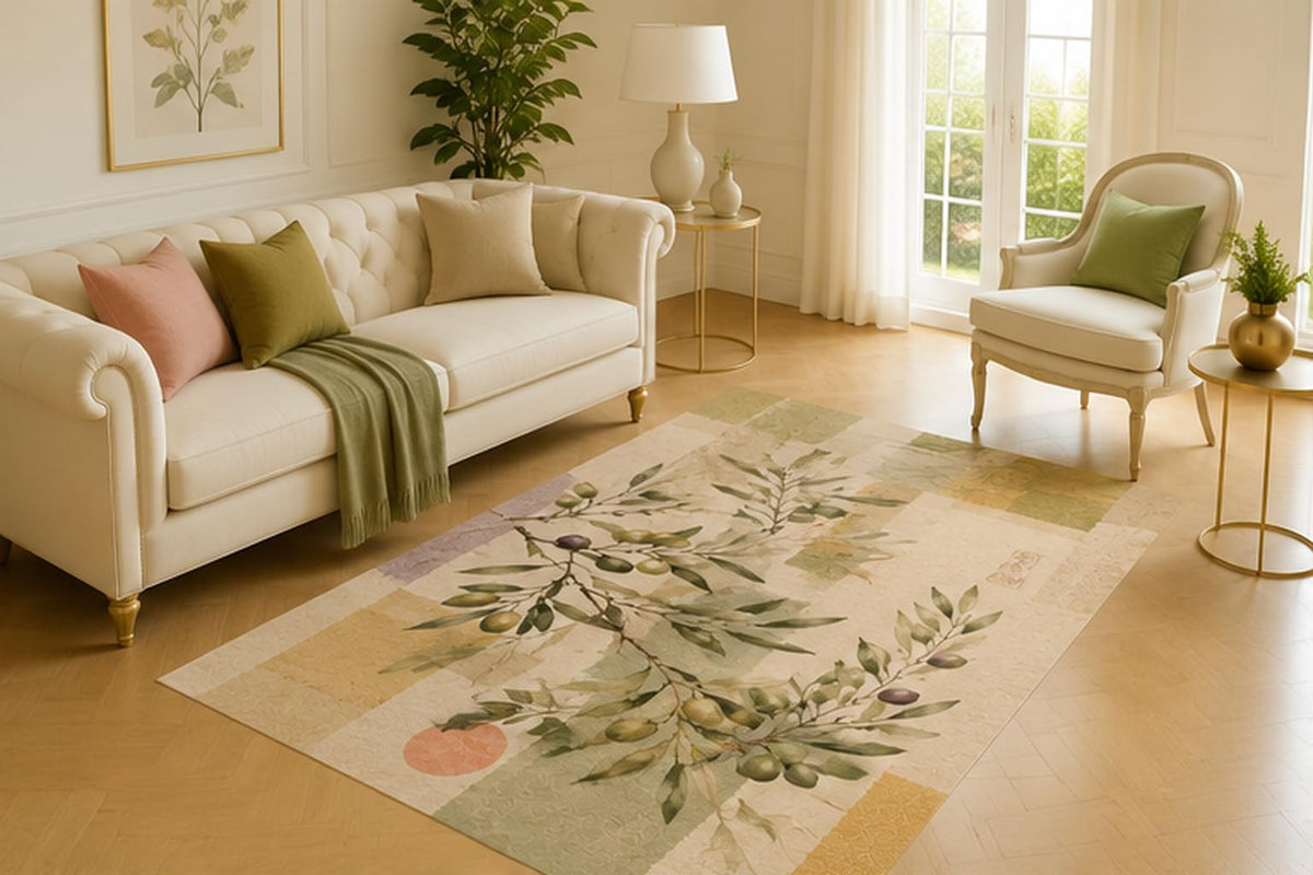 ICE ARMOR 5' x 7' Olive Branch Abstract Collage Area Rug for Living Room, Soft Low Pile Indoor Carpet with Non-Slip Silicone Backing for Bedroom, Kitchen, Kids and Pets