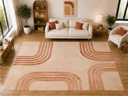 ICE ARMOR "Ultra Light Weight Large 6'7 x 9'10 Terracotta Rounded Corner Line Pattern Area Rug for Living Room Bedroom Dining Room Soft Low Pile Indoor Carpet Modern Geometric Floor Decor
