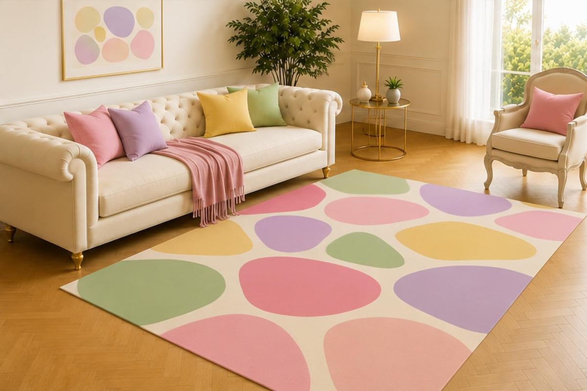 ICE ARMOR 5' x 7' Pebble Mosaic Area Rug, Modern Organic Stone Shapes in Pink Lavender Sage Green Yellow and Cream, Soft Minimalist Carpet for Living Room Bedroom Nursery