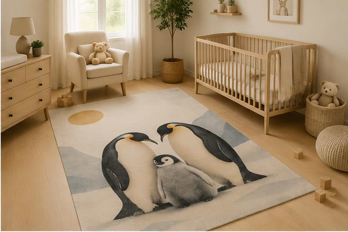 ICE ARMOR 5' x 7' Penguin Family Area Rug Soft Low Pile Indoor Rug with Non-Slip Silicone Backing Arctic Animal Carpet for Nursery Kids Room Playroom Bedroom Kids and Pets White Gray