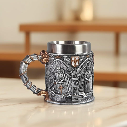 ICE ARMOR 6.5"W Medieval Knight Relief Stainless Steel/Resin Beer Mug Tankard – Vintage Drinkware Cup for Beer, Coffee, Juice, Ale & Beverages, Rustic Barware (Wash by hand only)